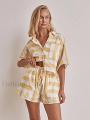 Half Sleeve Collar Pajama Shorts Two Piece Set Yellow / S
