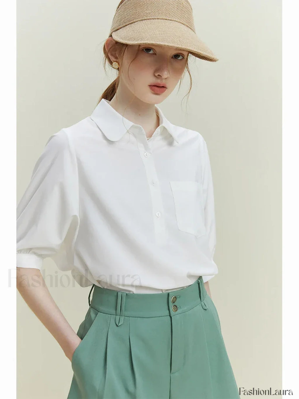 Half Sleeve Polo Neck Pocket Blouse
