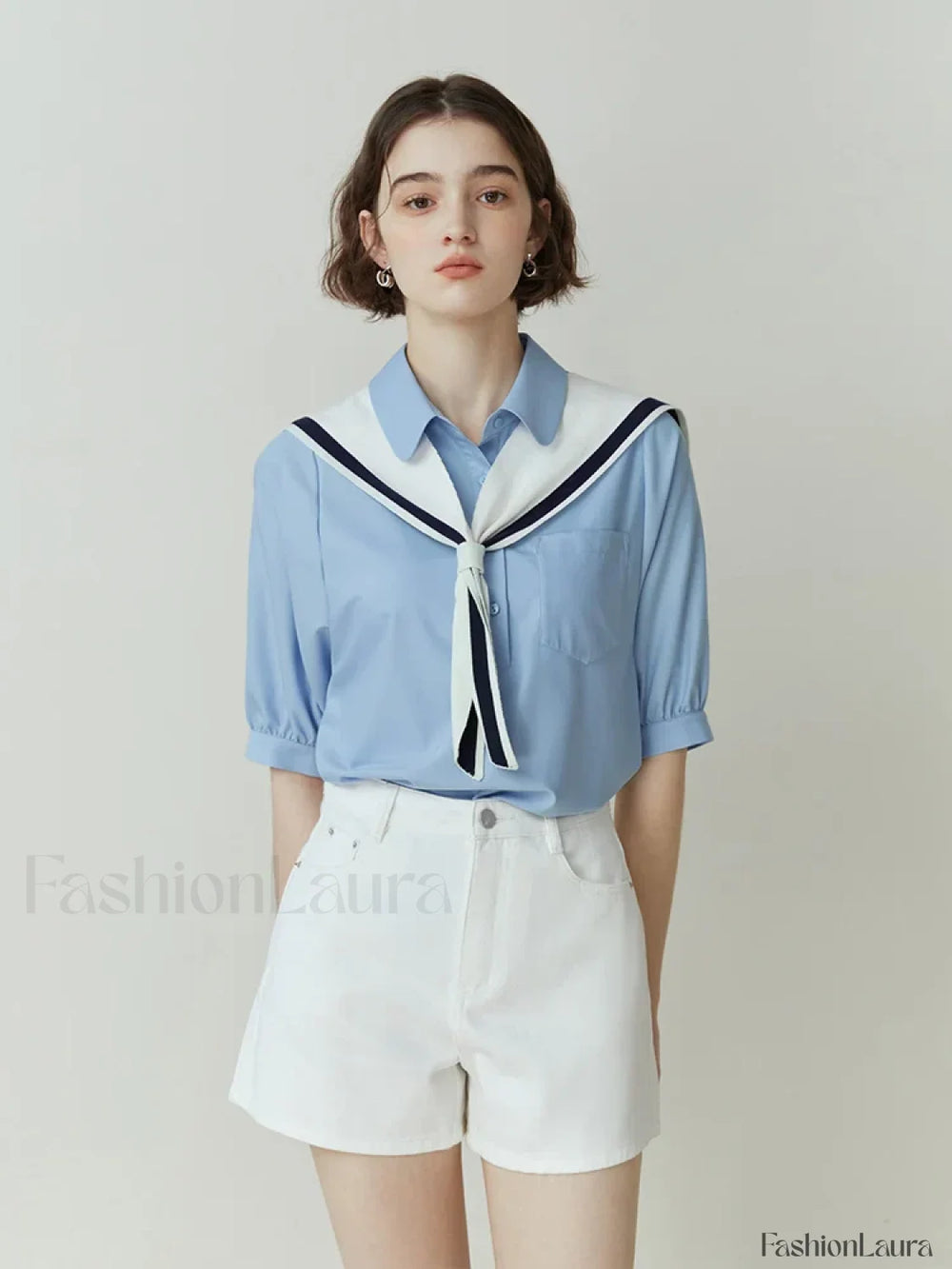 Half Sleeve Polo Neck Pocket Blouse