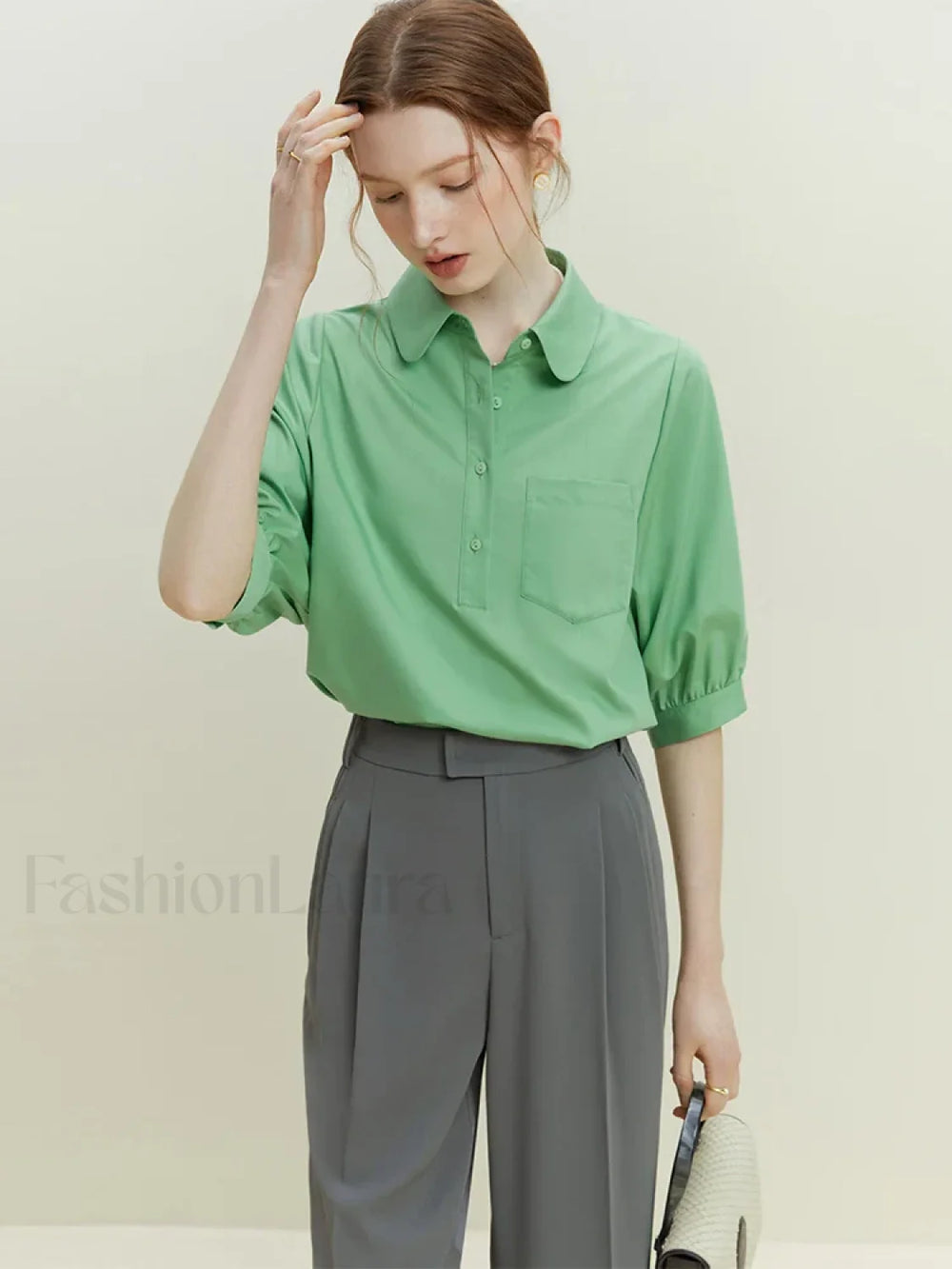 Half Sleeve Polo Neck Pocket Blouse Light Green / S
