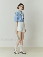 Half Sleeve Polo Neck Pocket Blouse SKY BLUE / S