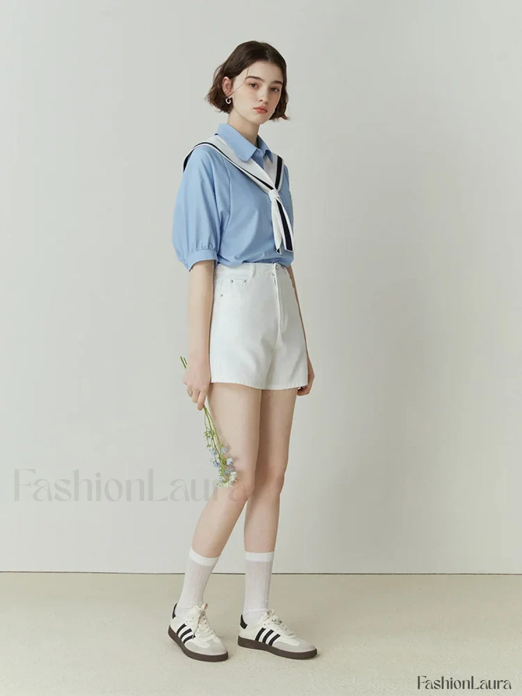 Half Sleeve Polo Neck Pocket Blouse SKY BLUE / S