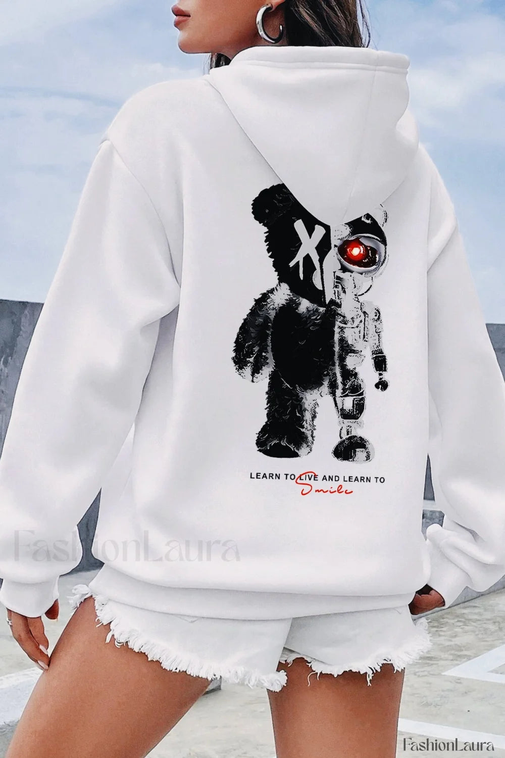 Half Teddy Bear Half Robotic Bear Hoodie White / S