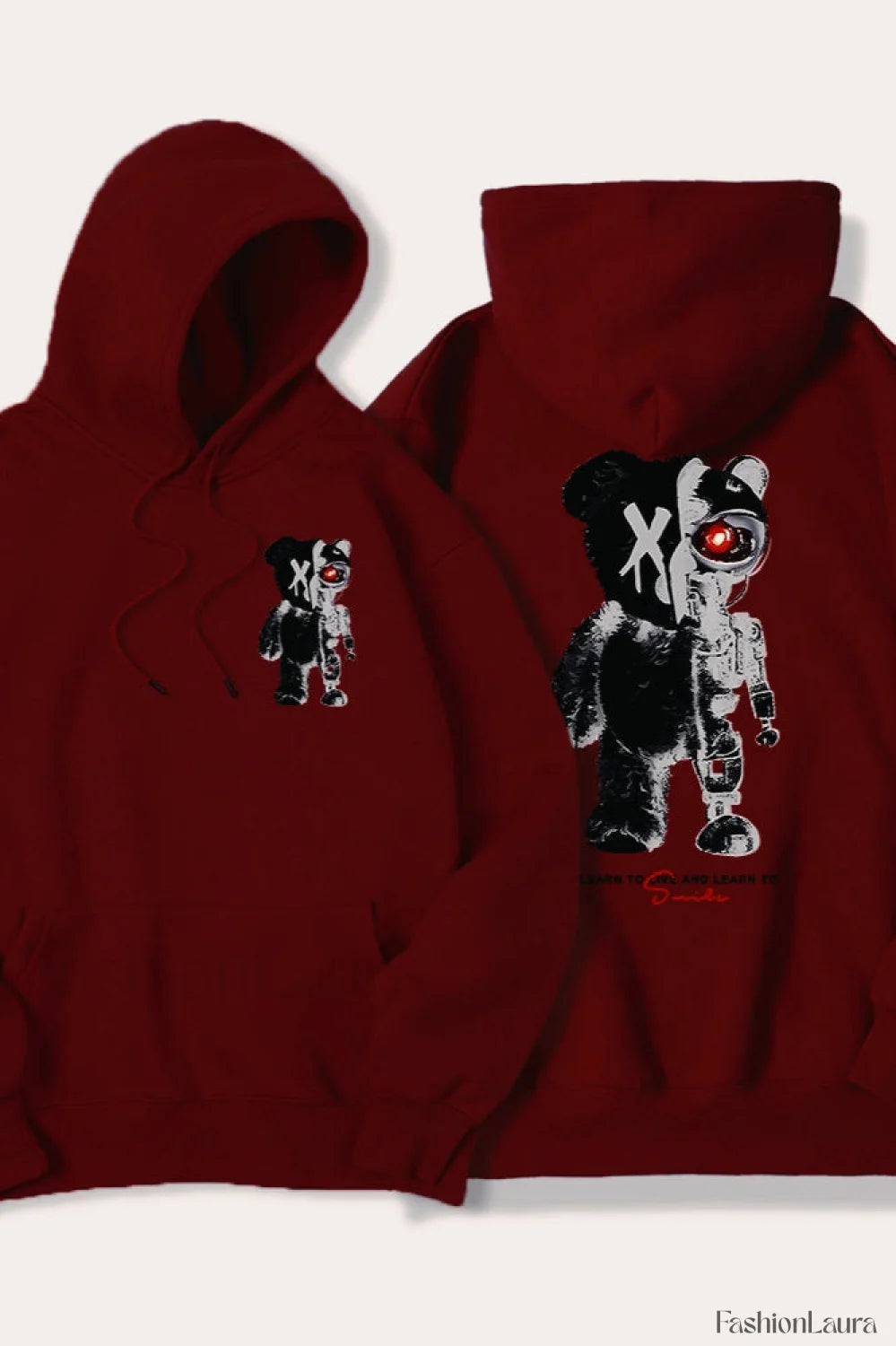 Half Teddy Bear Half Robotic Bear Hoodie Wine Red / S