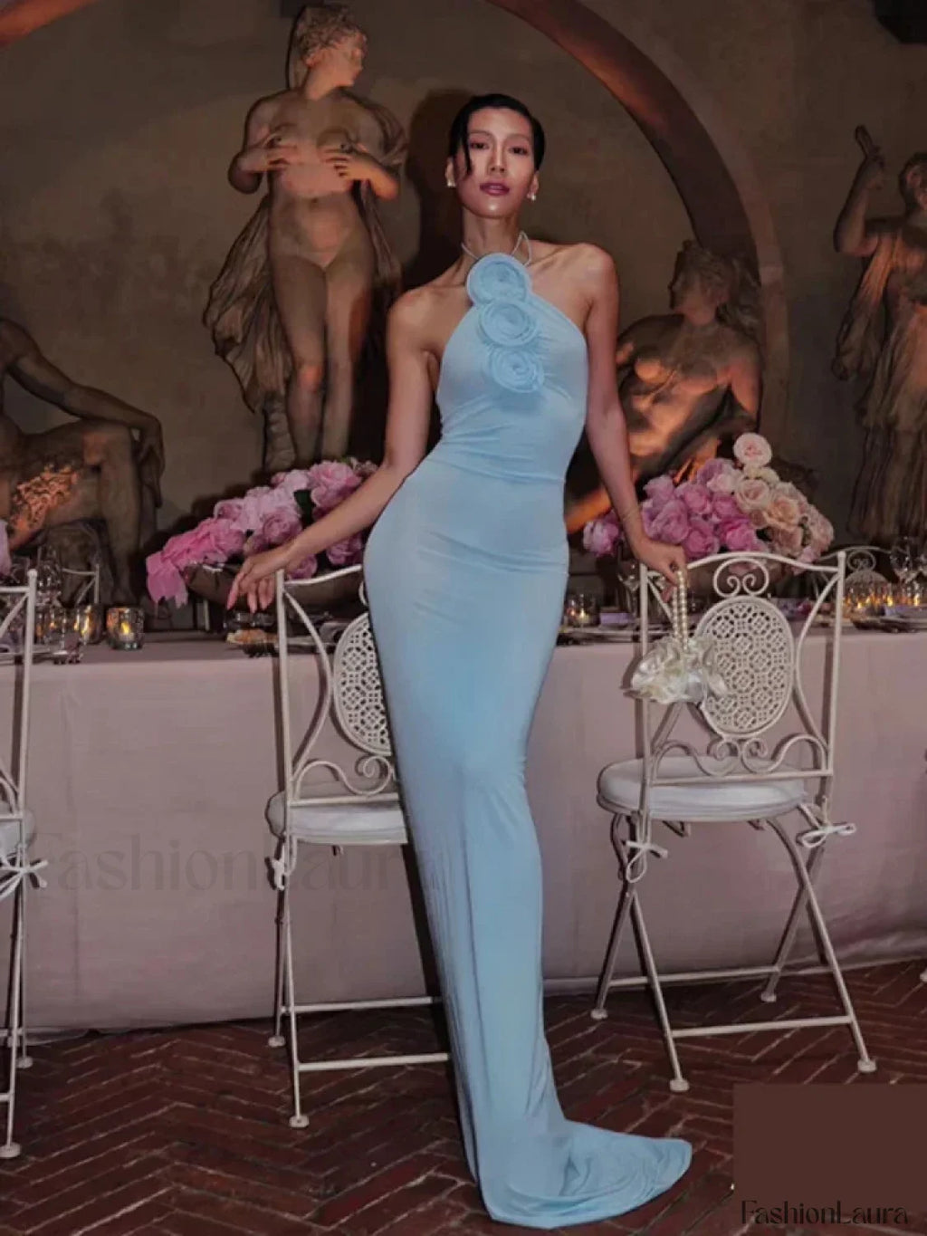 Halter 3D Flower Bodycon Maxi Dress