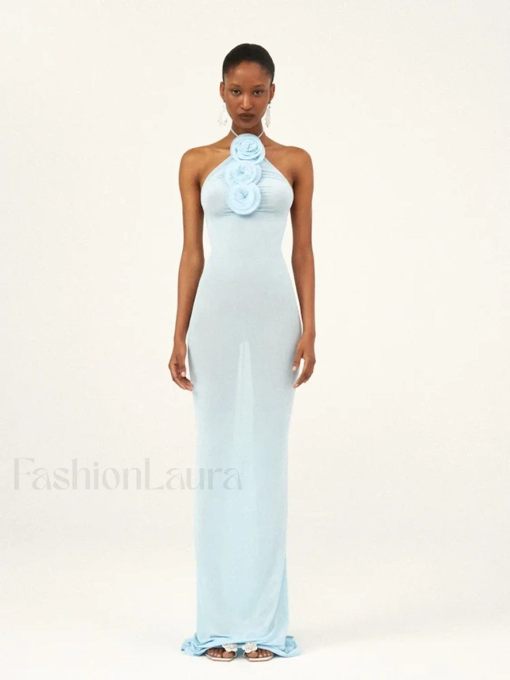 Halter 3D Flower Bodycon Maxi Dress Light Blue / S