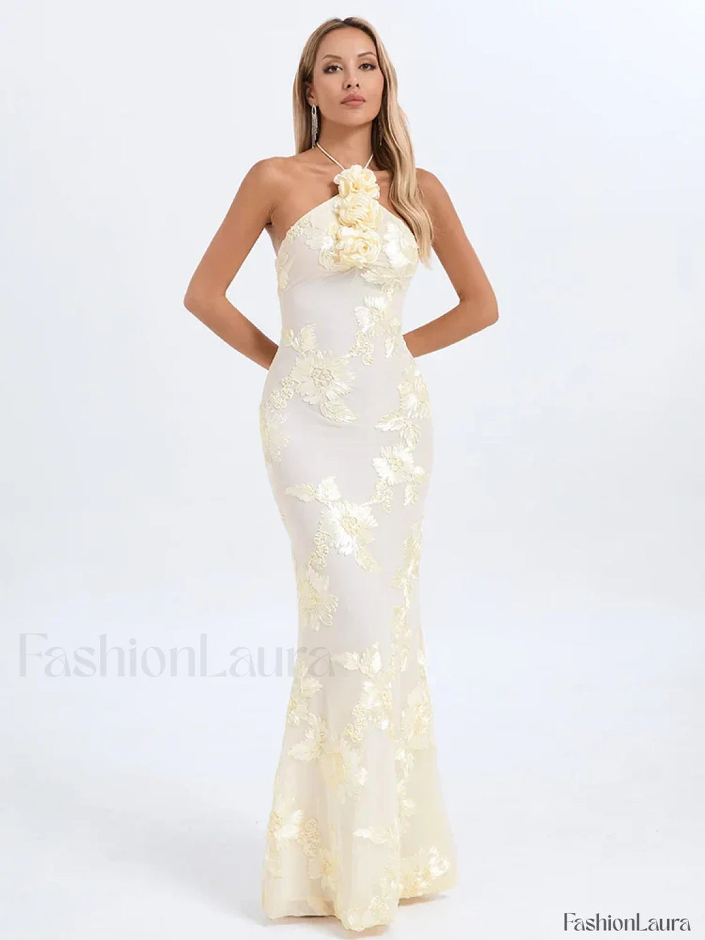 Halter 3D Flower Lace Maxi Dress