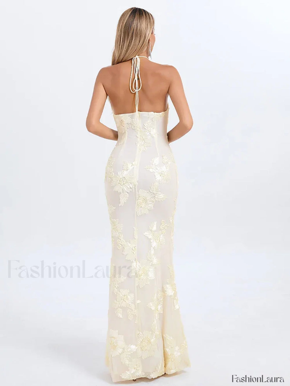 Halter 3D Flower Lace Maxi Dress