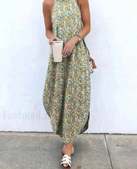 Halter Asymmetrical Boho Dress Yellow / XL