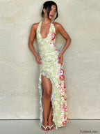 Halter Backless Split Floral Dress Light Green / S
