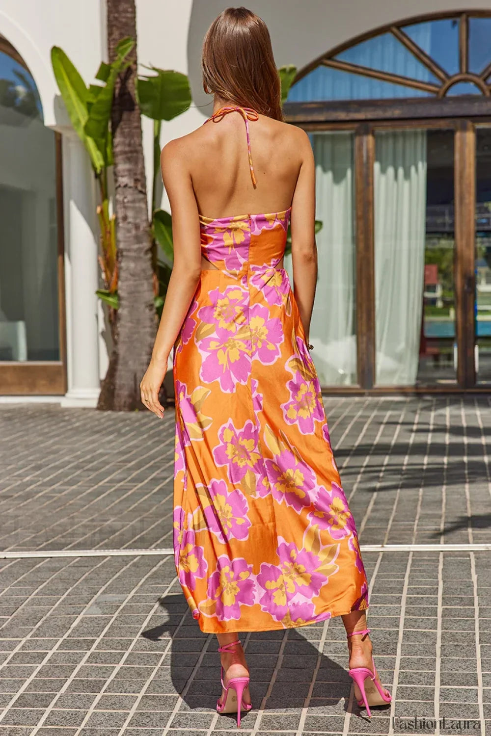 Halter Cut Out Tie Up Floral Dress