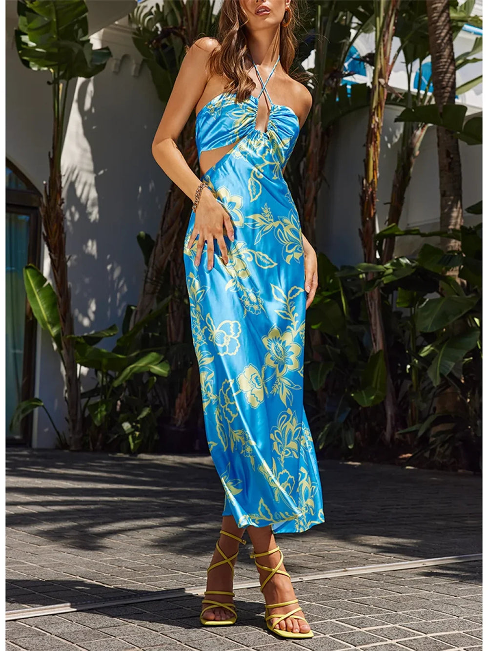 Halter Cut Out Tie Up Floral Dress