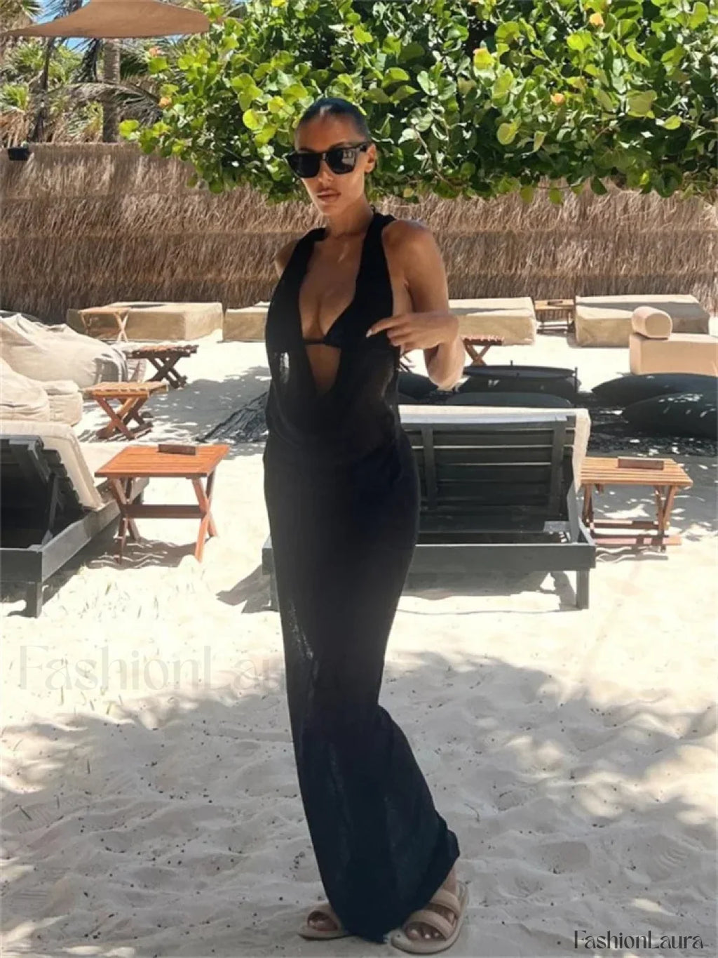 Halter Deep V Crochet Beach Cover Up Black / S
