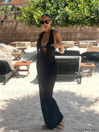 Halter Deep V Crochet Beach Cover Up Black / S