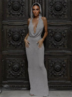 Halter Deep V Crochet Beach Cover Up GRAY / S