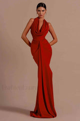 Halter Draped Stylish Mermaid Maxi Dress XS / Red