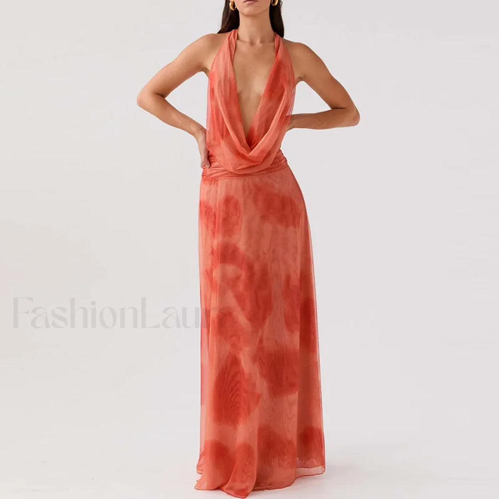 Halter High Waist Floral Dress 03 Print / S