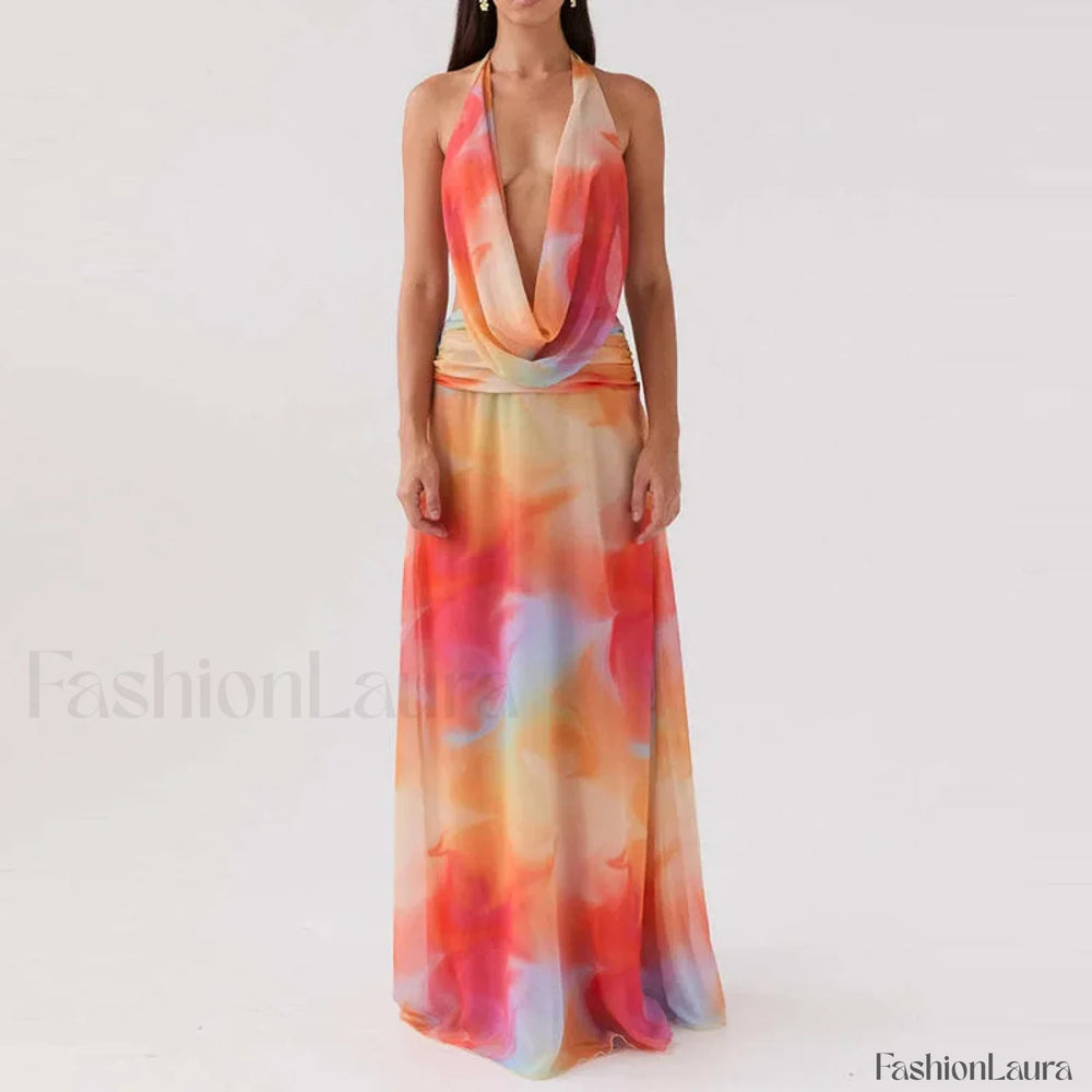 Halter High Waist Floral Dress 04 As Picture / S