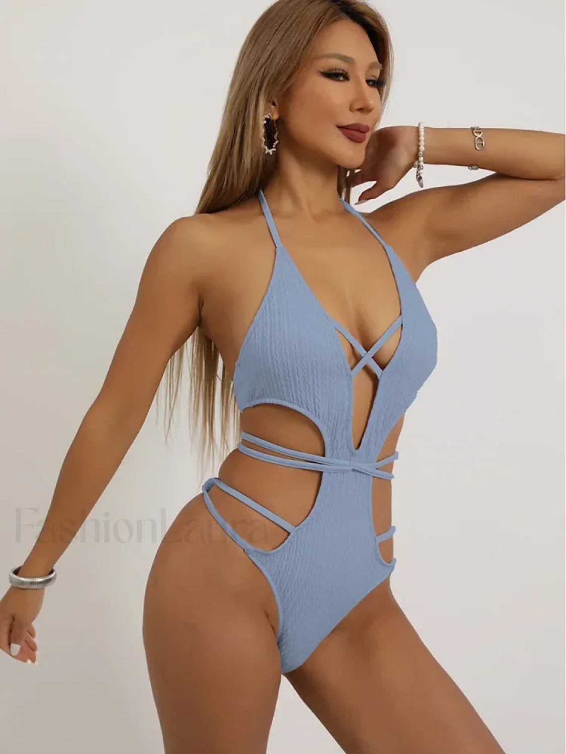 Halter Hollow Out Lace Up One Piece ROYAL BLUE / S Main image
