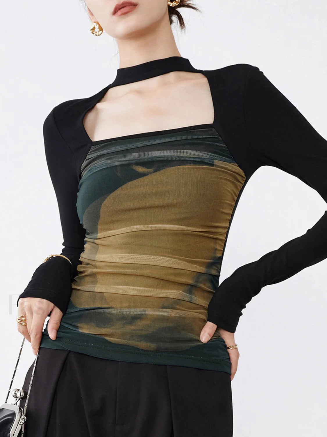 Halter Mesh Graceful Long Sleeve Shirt Black / XS T Shirts Main image