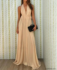 Halter Pleated Cut Out Maxi Dress Apricot / S