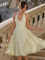 Halter Ruched Midi Floral Dress Light Yellow / S