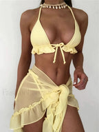 Halter Ruffled Sarong Bikini Three Piece Set