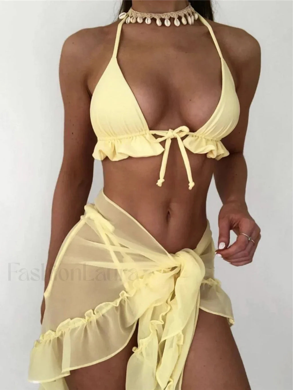 Halter Ruffled Sarong Bikini Three Piece Set Yellow / S