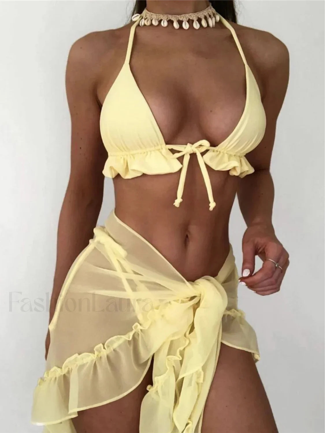 Halter Ruffled Sarong Bikini Three Piece Set Yellow / S