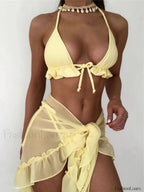 Halter Ruffled Sarong Bikini Three Piece Set Yellow / S