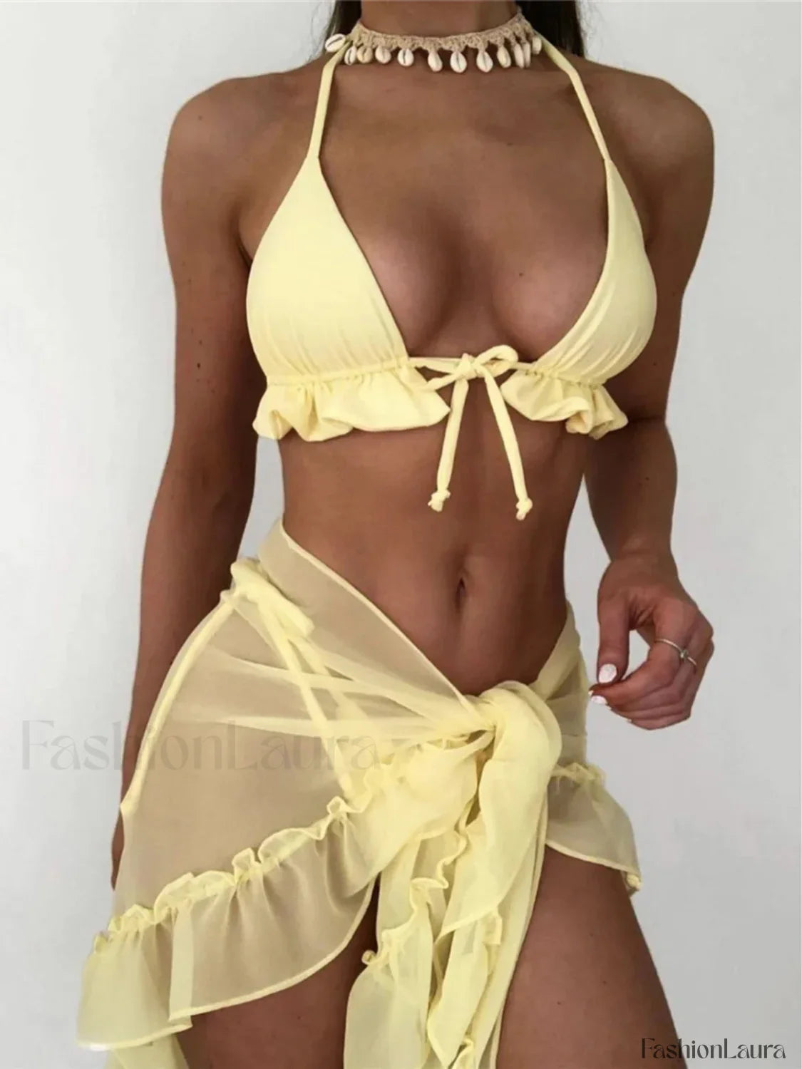 Halter Ruffled Sarong Bikini Three Piece Set Yellow / S
