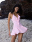 Halter Ruffled V Neck Mini Dress Pink / S