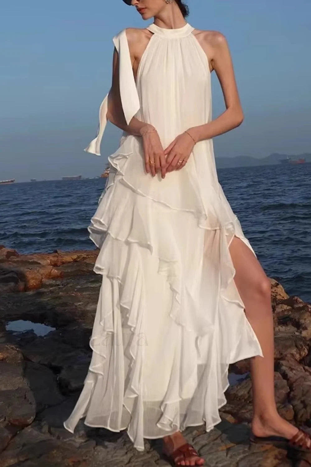 Halter Ruffled Vacation Maxi Dress White / S Main image