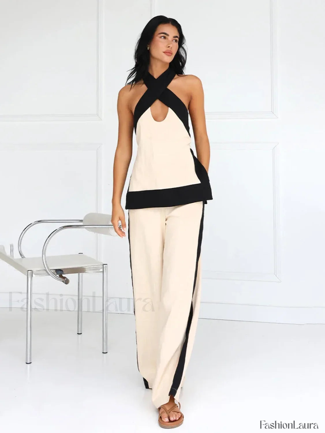 Halter Sleeveless Pajama Pants Two Piece Set