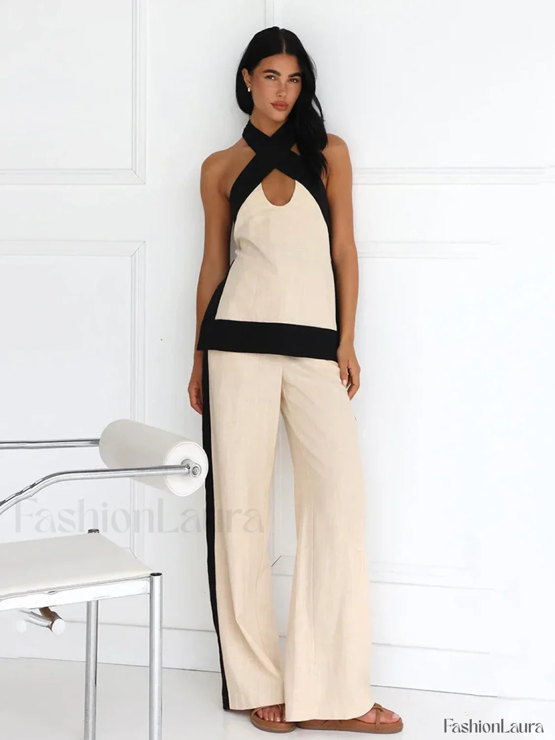 Halter Sleeveless Pajama Pants Two Piece Set Khaki / S