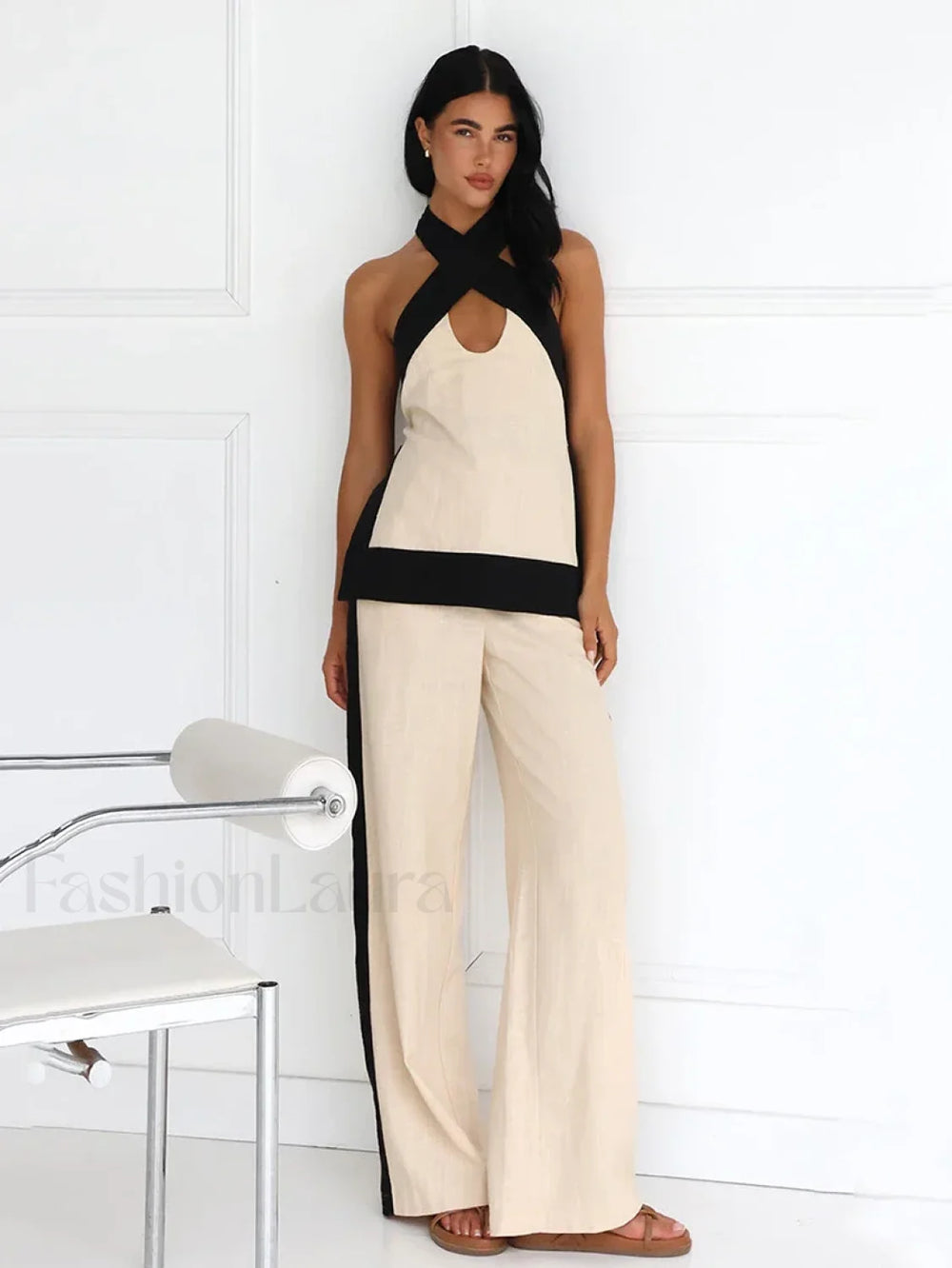 Halter Sleeveless Pajama Pants Two Piece Set Khaki / S