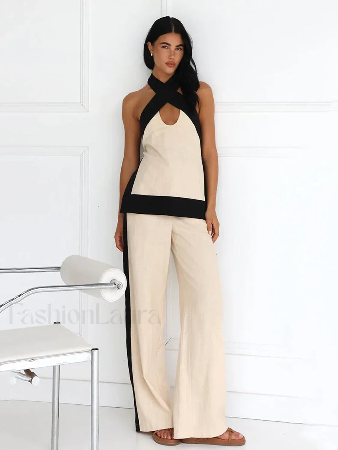 Halter Sleeveless Pajama Pants Two Piece Set Khaki / S