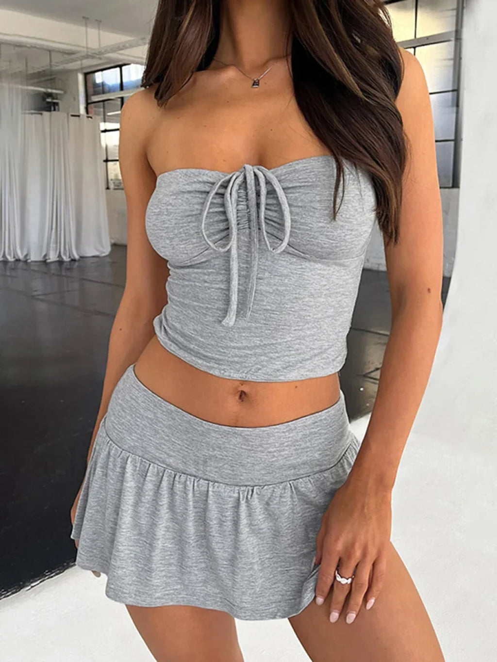Halter Strapless Drawstring Crop Top Pleated Skirt Two Piece Set GREY / S