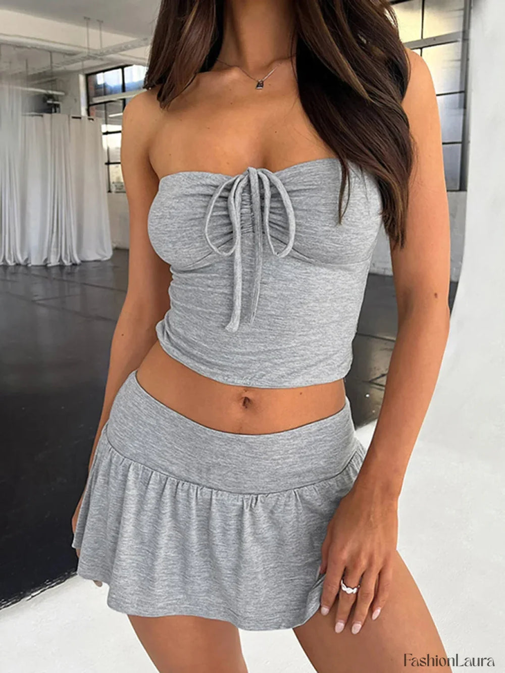 Halter Strapless Drawstring Crop Top Pleated Skirt Two Piece Set GREY / S