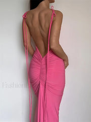 Halter Tie Back Ruched Maxi Dress