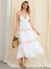 Halter Tie Up Embroidered Boho Dress white / S