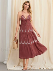 Halter Tie Up Embroidered Boho Dress wine / S