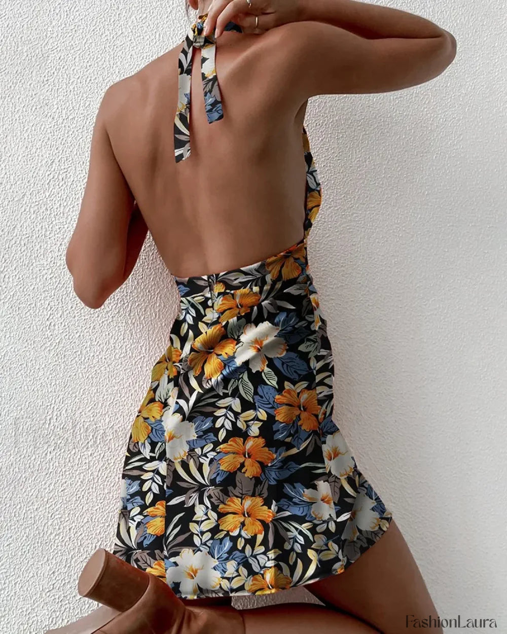 Halter Tie Up V Neck Floral Dress