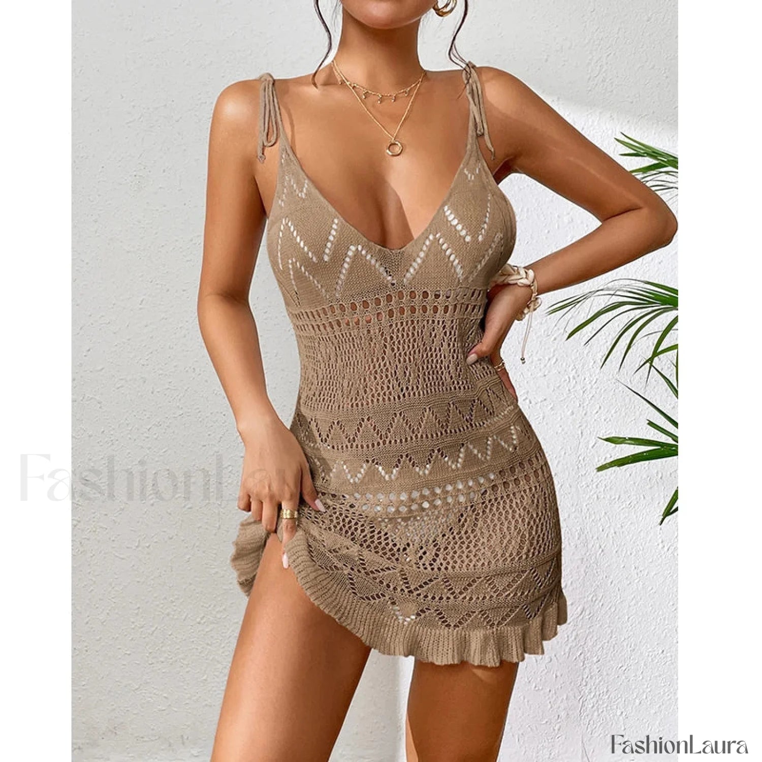 Halter Tight Knit Short Cover Up Khaki / One Size