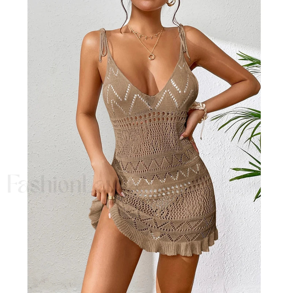 Halter Tight Knit Short Cover Up Khaki / One Size