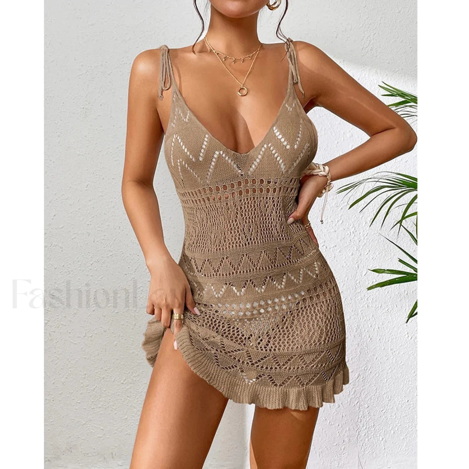 Halter Tight Knit Short Cover Up Khaki / One Size