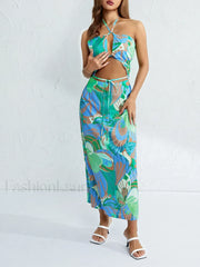 Halterneck Floral Slit Maxi Dress