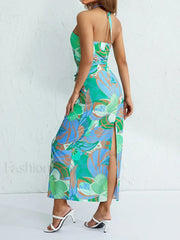 Halterneck Floral Slit Maxi Dress