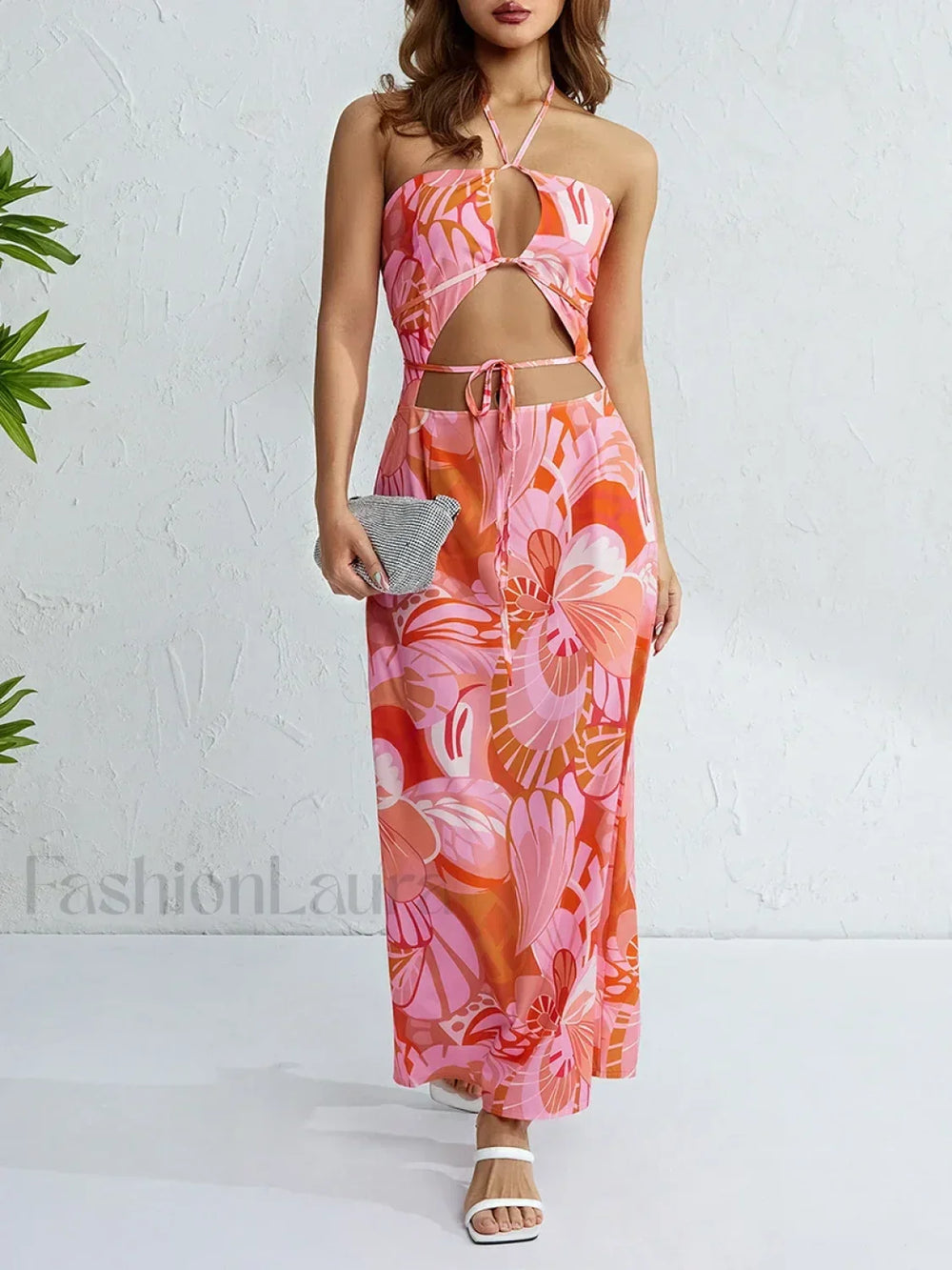 Halterneck Floral Slit Maxi Dress Orange / S