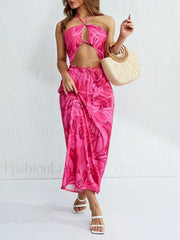 Halterneck Floral Slit Maxi Dress Rose Red / S